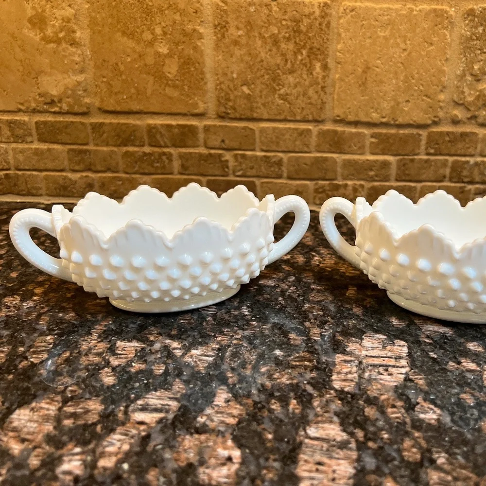 Two Vintage Fenton Hobnail Milk Glass Nut or Candy Bowl